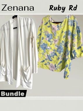 Zenana White Cotton Cardigan & Ruby Rd. Yellow Floral Top Bundle - Size 1 X
